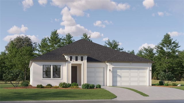 view of front of home with a garage and a front lawn