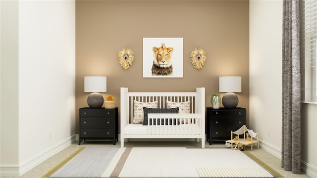 carpeted bedroom with a nursery area