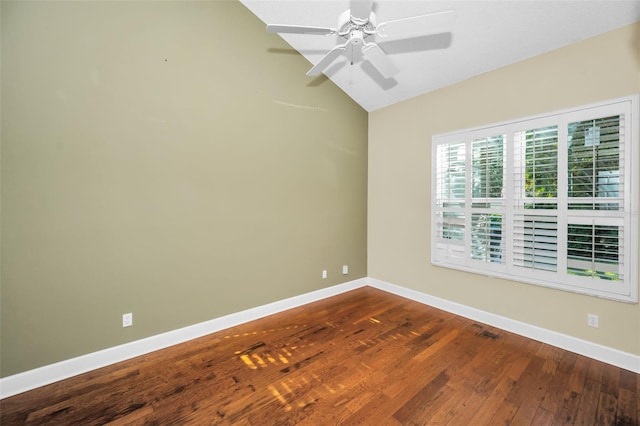 unfurnished room with hardwood / wood-style flooring, ceiling fan, and lofted ceiling