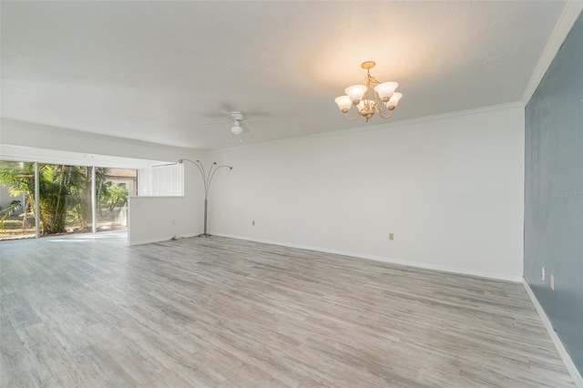 unfurnished room with ceiling fan with notable chandelier, light hardwood / wood-style floors, and crown molding