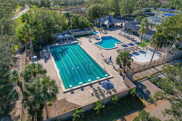 view of swimming pool featuring a patio area