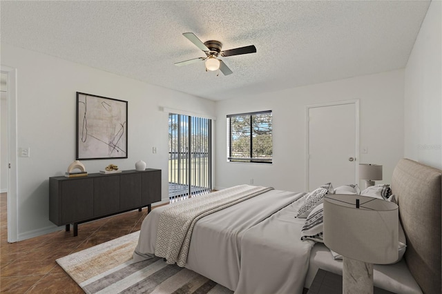 122 E Cypress Ct Unit 22, Oldsmar, FL 34677 - tiled bedroom featuring a textured ceiling, a ceiling fan, and access to outside