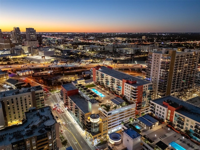 view of aerial view at dusk