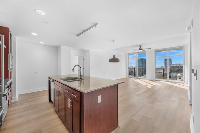 kitchen featuring light stone countertops, sink, stainless steel appliances, light hardwood / wood-style flooring, and a kitchen island with sink