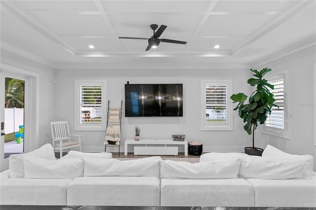 living room with ceiling fan, ornamental molding, and coffered ceiling