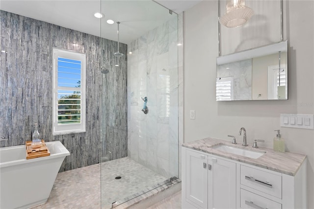 bathroom featuring vanity and plus walk in shower