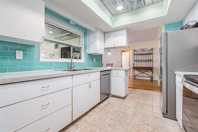 kitchen with white cabinetry, sink, stainless steel appliances, kitchen peninsula, and decorative backsplash