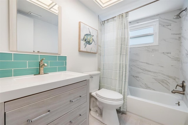 full bathroom featuring decorative backsplash, shower / bath combo, vanity, tile walls, and toilet