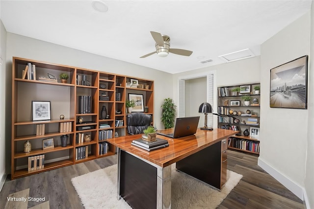 home office featuring ceiling fan and dark hardwood / wood-style floors