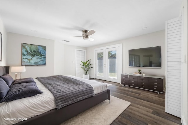 bedroom with ceiling fan, dark hardwood / wood-style floors, french doors, access to outside, and a closet