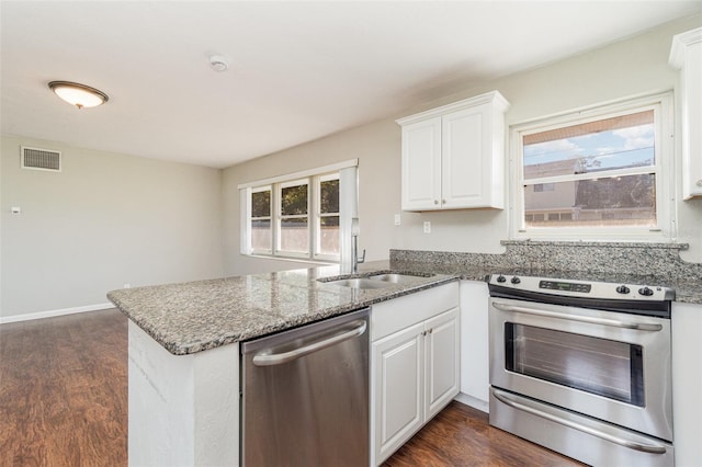 kitchen featuring sink, stainless steel appliances, dark wood-type flooring, kitchen peninsula, and white cabinets