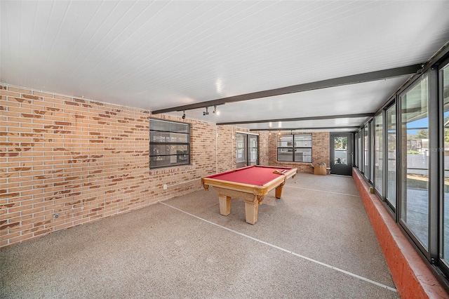 playroom with track lighting, brick wall, and floor to ceiling windows