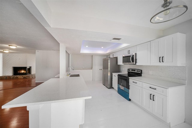 kitchen featuring sink, white cabinets, a raised ceiling, and stainless steel appliances