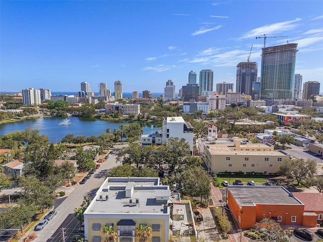 drone / aerial view with a water view