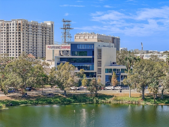 view of building exterior featuring a water view