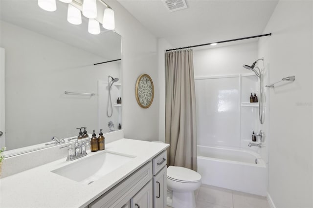 full bathroom with tile patterned flooring, shower / bath combination with curtain, toilet, and vanity