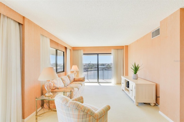 carpeted living room featuring a textured ceiling and a water view