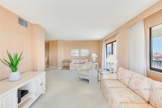 carpeted living room featuring a healthy amount of sunlight and a textured ceiling