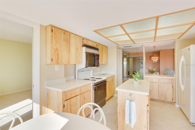 kitchen with a center island, light brown cabinets, a chandelier, pendant lighting, and white appliances