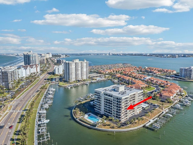 bird's eye view with a water view