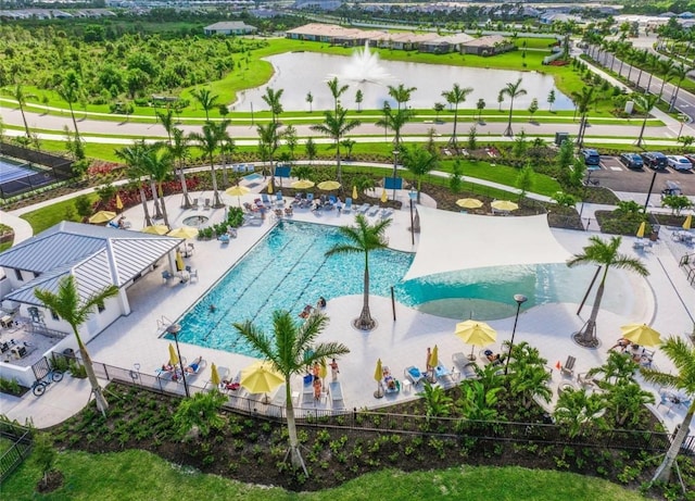 bird's eye view with a water view