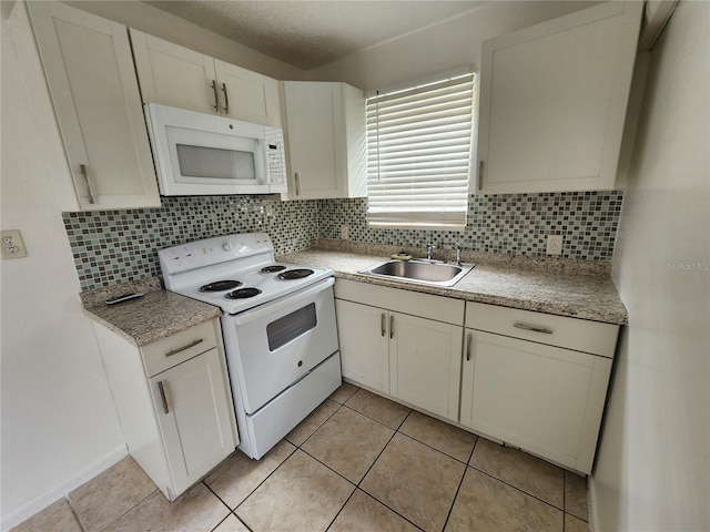 kitchen featuring white cabinetry, sink, a textured ceiling, white appliances, and decorative backsplash