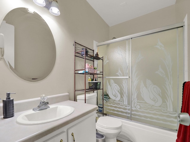 full bathroom with vanity, toilet, enclosed tub / shower combo, and vaulted ceiling