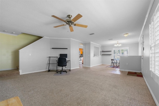 unfurnished office with a textured ceiling, ceiling fan with notable chandelier, crown molding, and light carpet