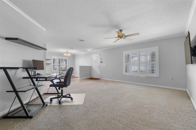 carpeted office featuring a textured ceiling, crown molding, and ceiling fan with notable chandelier