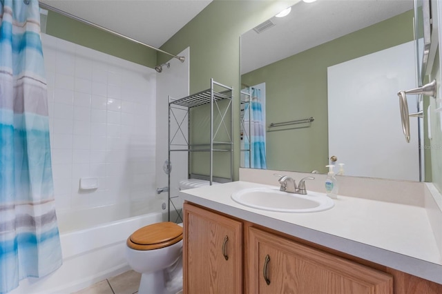 full bathroom with tile patterned floors, vanity, shower / bath combo, and toilet