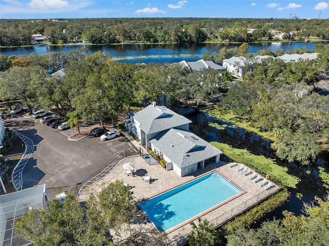 birds eye view of property featuring a water view