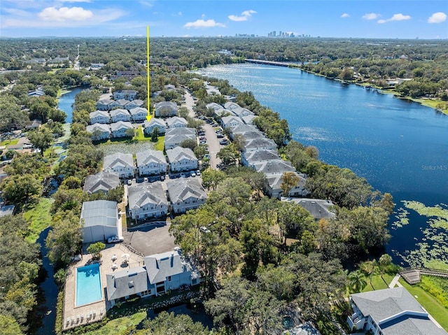 bird's eye view with a water view