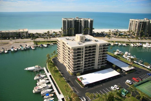 bird's eye view with a water view