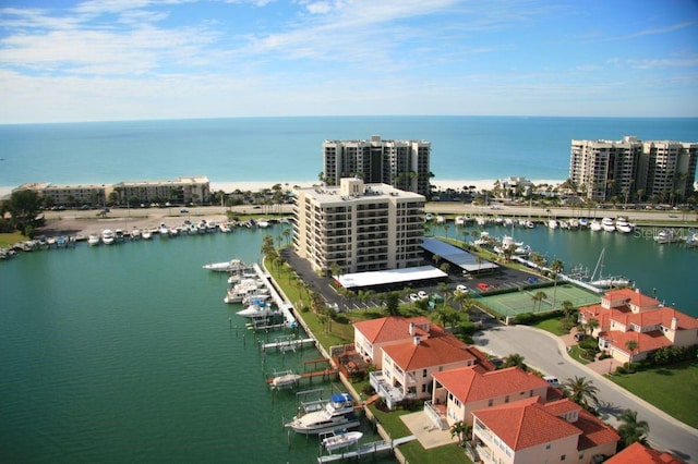 bird's eye view with a water view