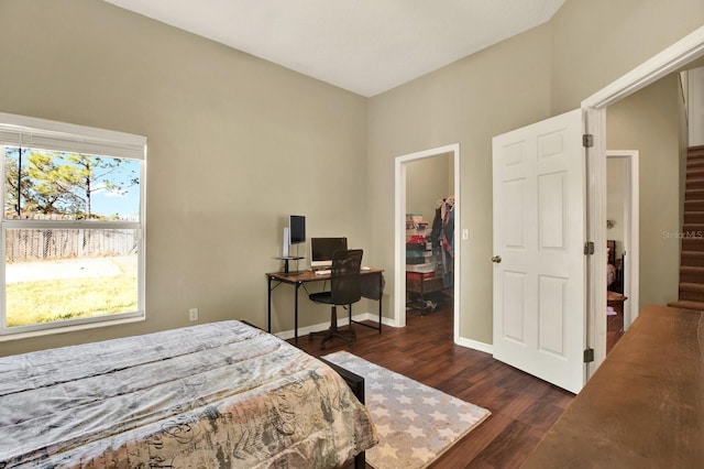 bedroom featuring dark hardwood / wood-style floors, a spacious closet, and a closet