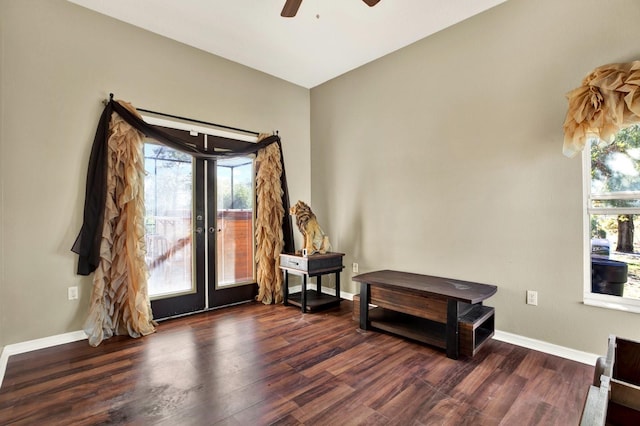 entrance foyer featuring ceiling fan, dark hardwood / wood-style flooring, and french doors