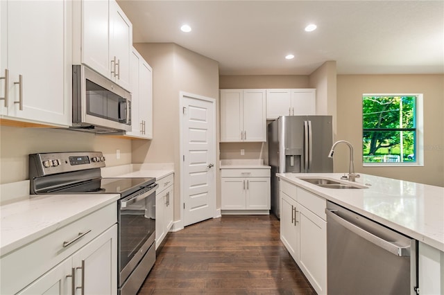 kitchen with stainless steel appliances, white cabinetry, dark hardwood / wood-style floors, and sink