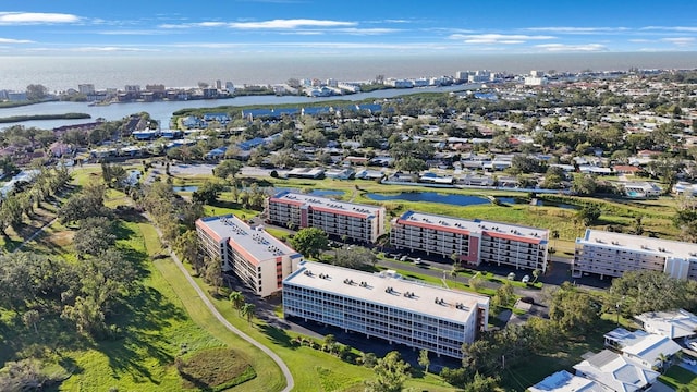 bird's eye view with a water view