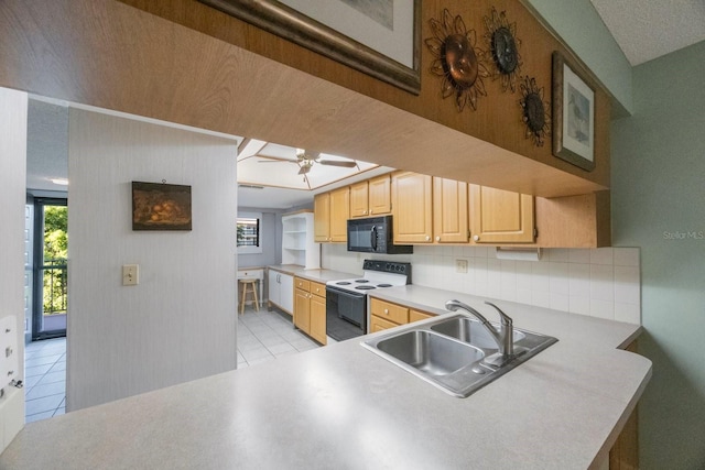 kitchen featuring kitchen peninsula, ceiling fan, sink, light brown cabinets, and white electric range