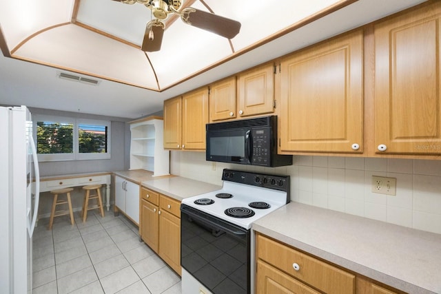 kitchen featuring light brown cabinets, white appliances, ceiling fan, light tile patterned floors, and tasteful backsplash