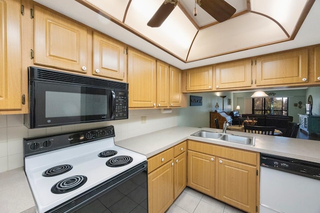 kitchen featuring light tile patterned floors, white appliances, ceiling fan, and sink