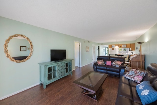 living room with dark hardwood / wood-style flooring