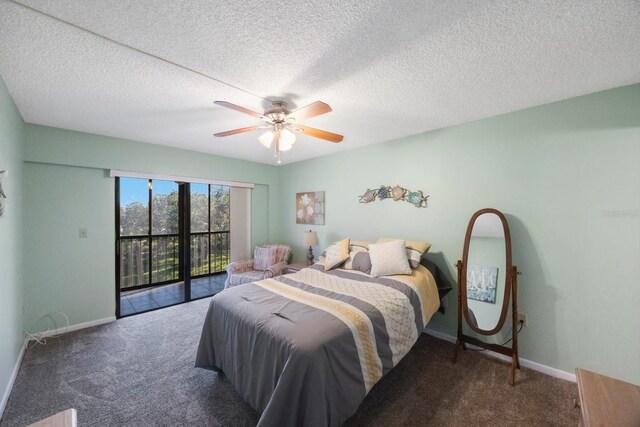 bedroom featuring access to outside, ceiling fan, dark carpet, and a textured ceiling