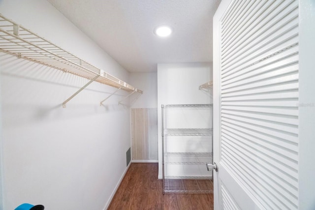 walk in closet with dark wood-type flooring