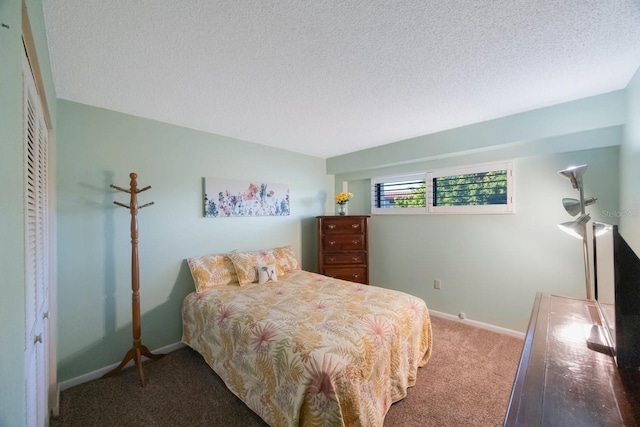 bedroom featuring carpet flooring, a closet, and a textured ceiling