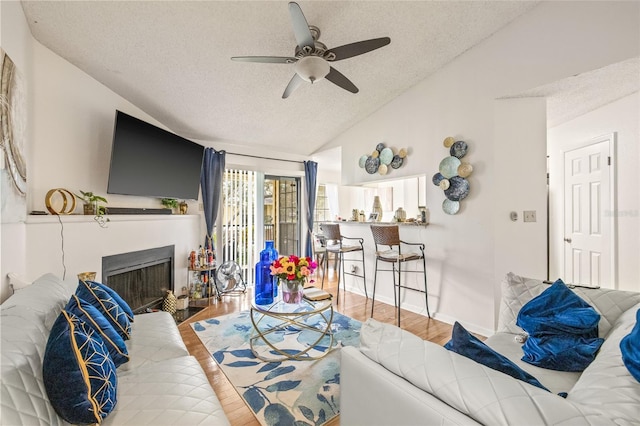 8722 Mallard Reserve Dr Unit 204, Tampa, FL 33614 - living room with a textured ceiling, vaulted ceiling, ceiling fan, wood finished floors, and a fireplace with flush hearth