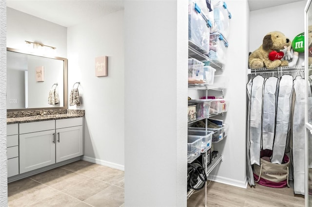 bathroom featuring hardwood / wood-style flooring and vanity