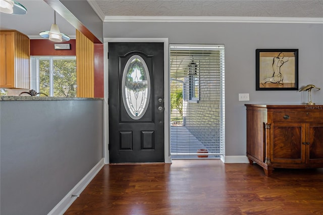 entryway featuring dark hardwood / wood-style flooring and crown molding