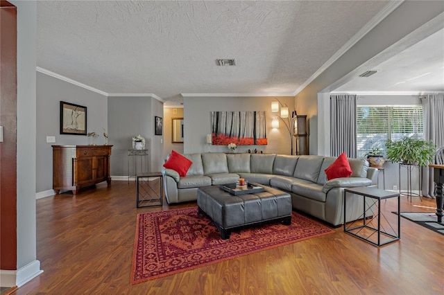 living room with wood-type flooring, ornamental molding, and a textured ceiling