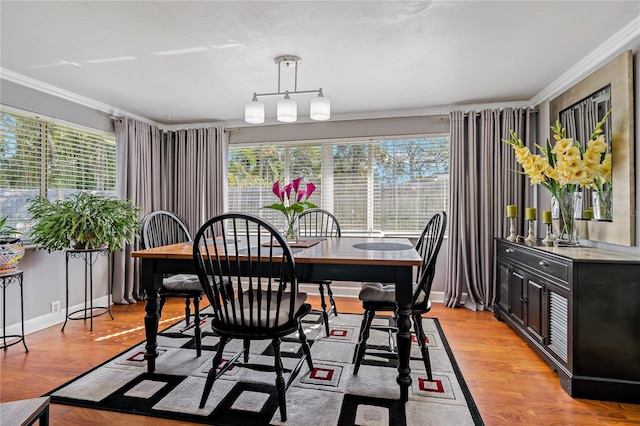 dining room featuring ornamental molding, a healthy amount of sunlight, and light wood-type flooring